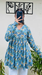 Cotton Flared Sky Blue Aliacut Floral Print Peplum Top - Dolled Up