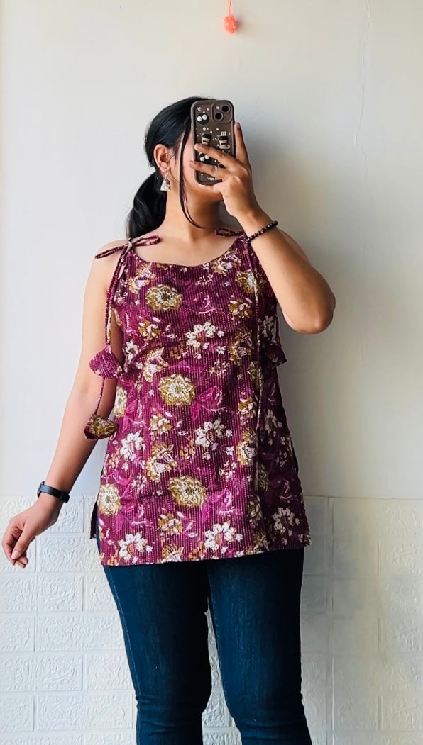 Cotton Katha Wine Floral Print Tie Knot Short Kurti