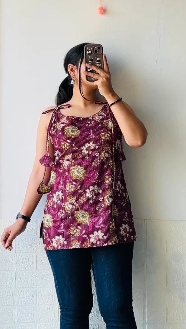 Cotton Katha Wine Floral Print Tie Knot Short Kurti - Dolled Up