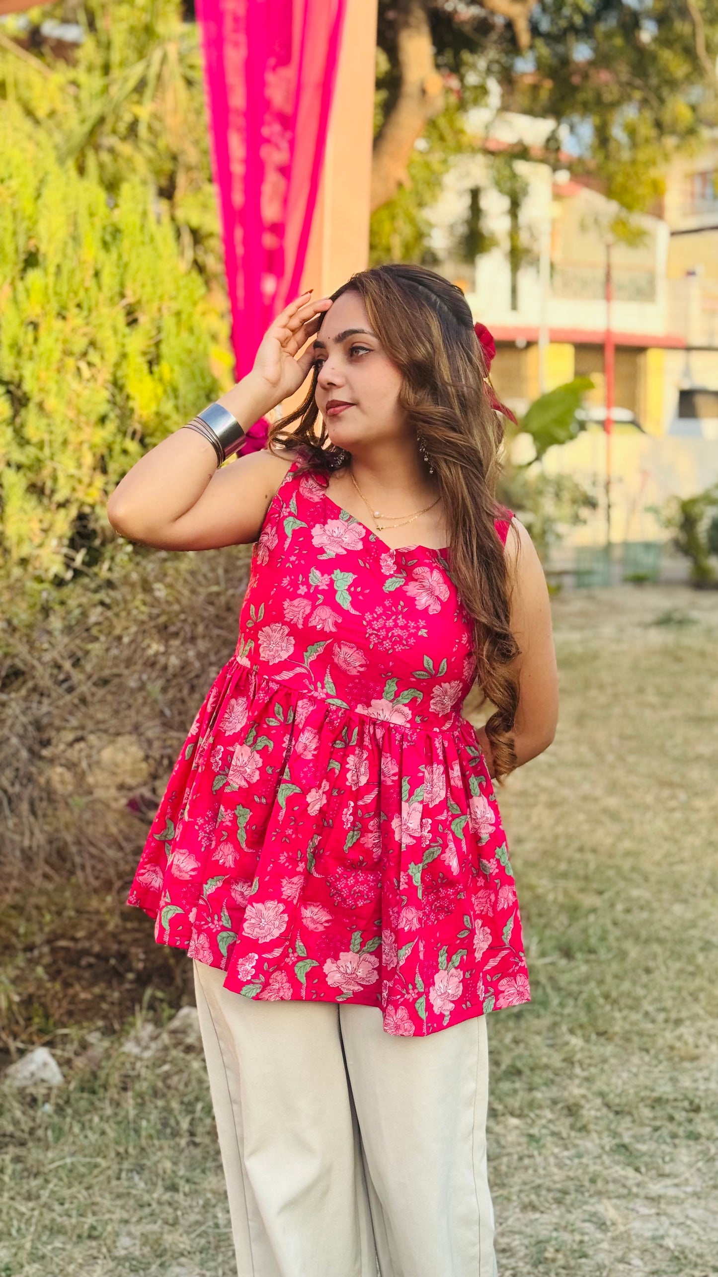 Cotton Flared Back Less Neck Design Short Kurti