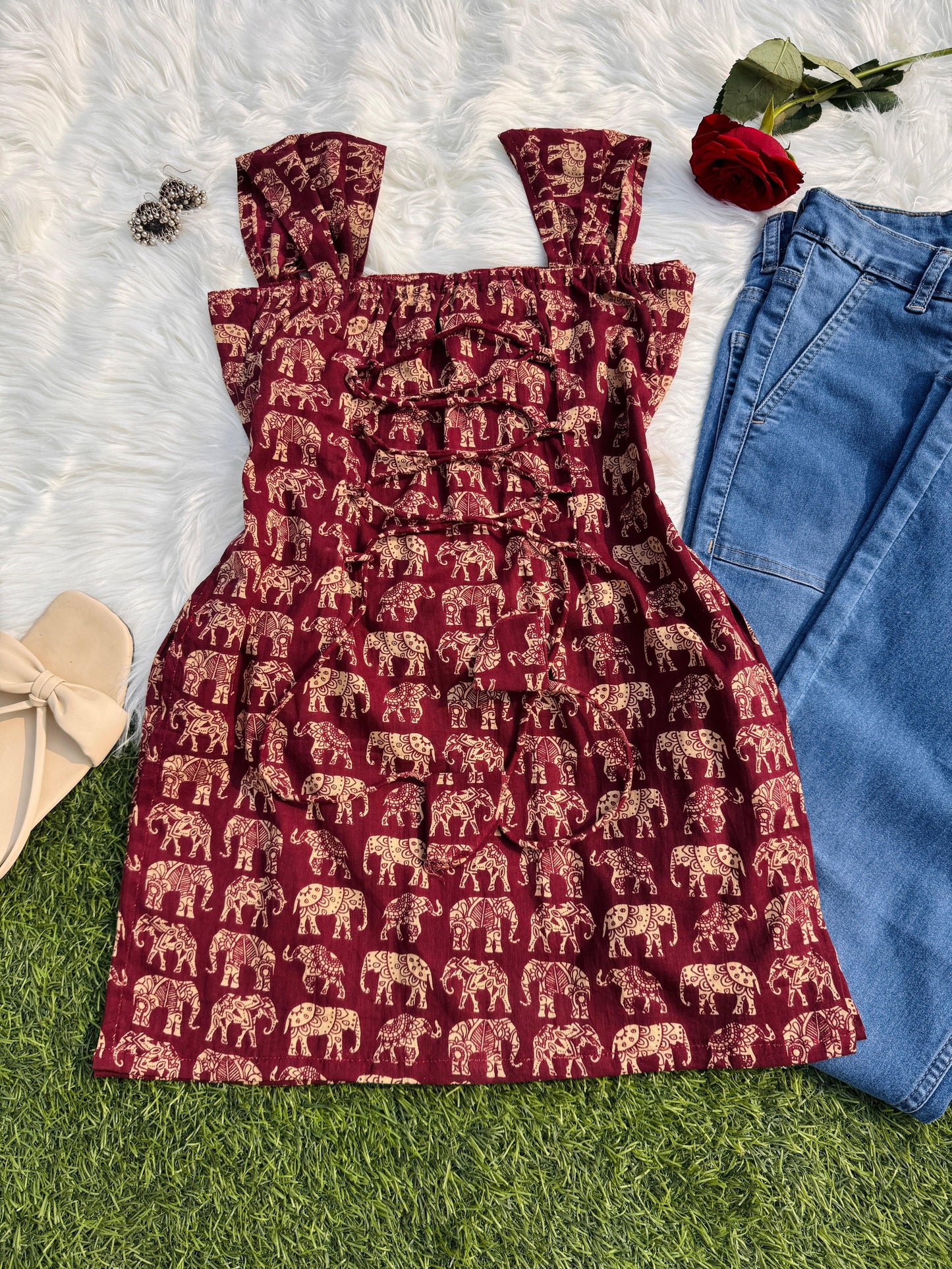 Beautiful Elephant Print Corset Back Sleeveless Kurti - Dolled Up