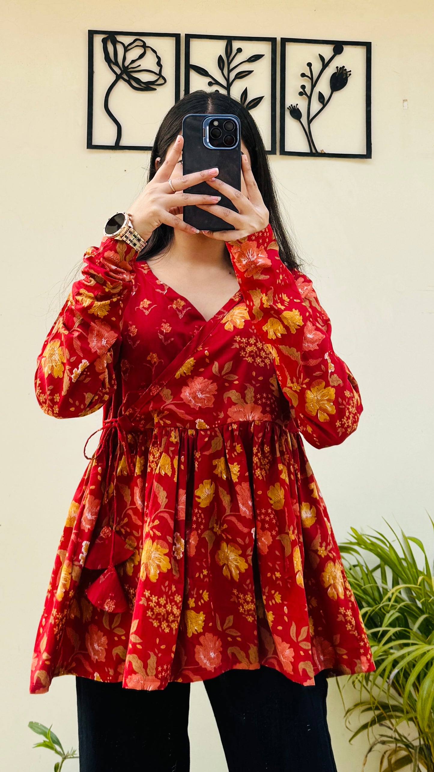 Cotton Red Angrakha Pattern Flared Floral Print Aliacut Peplum Top