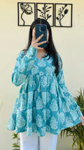Katha Cotton Blue Flared Floral Print Aliacut Peplum Top - Dolled Up