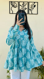 Katha Cotton Blue Flared Floral Print Aliacut Peplum Top - Dolled Up