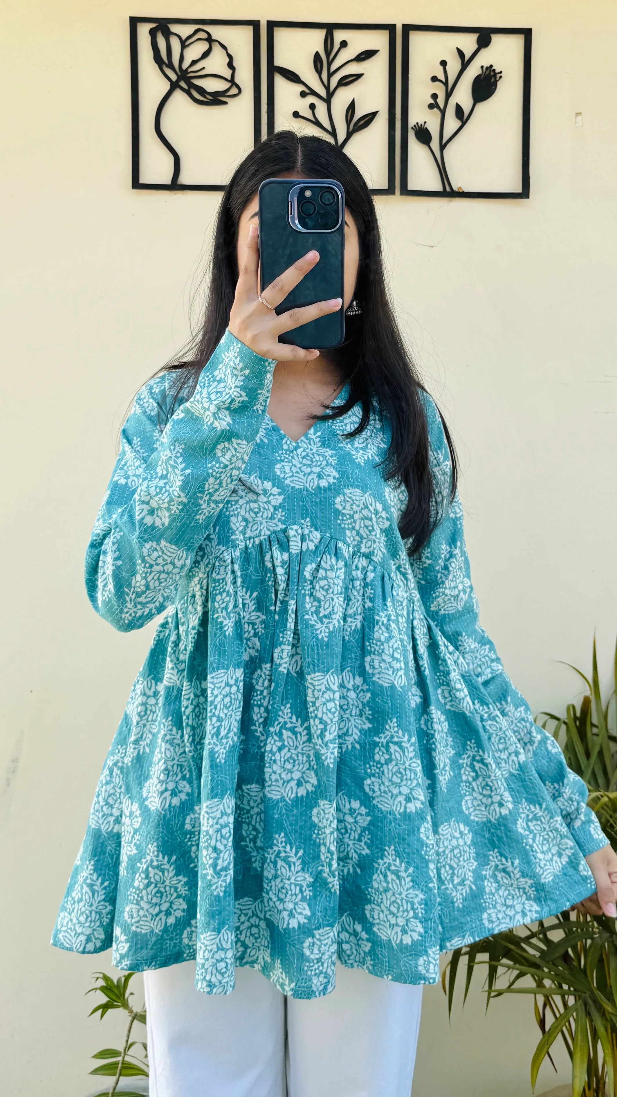 Katha Cotton Blue Flared Floral Print Aliacut Peplum Top - Dolled Up