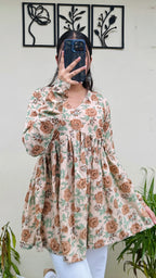 Cotton Flared Beige Aliacut Floral Print Peplum Top - Dolled Up