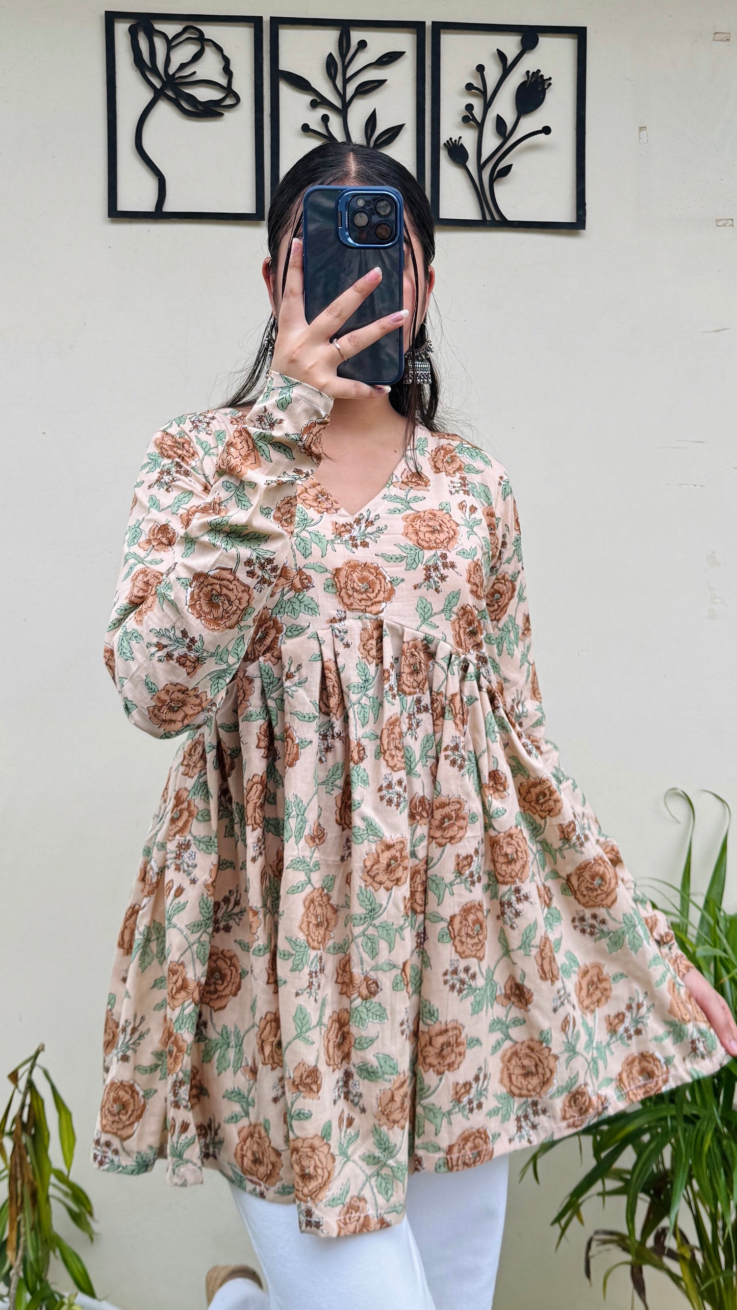 Cotton Flared Beige Aliacut Floral Print Peplum Top