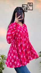 Cotton Dark Pink Flared Printed Aliacut Peplum Top - Dolled Up