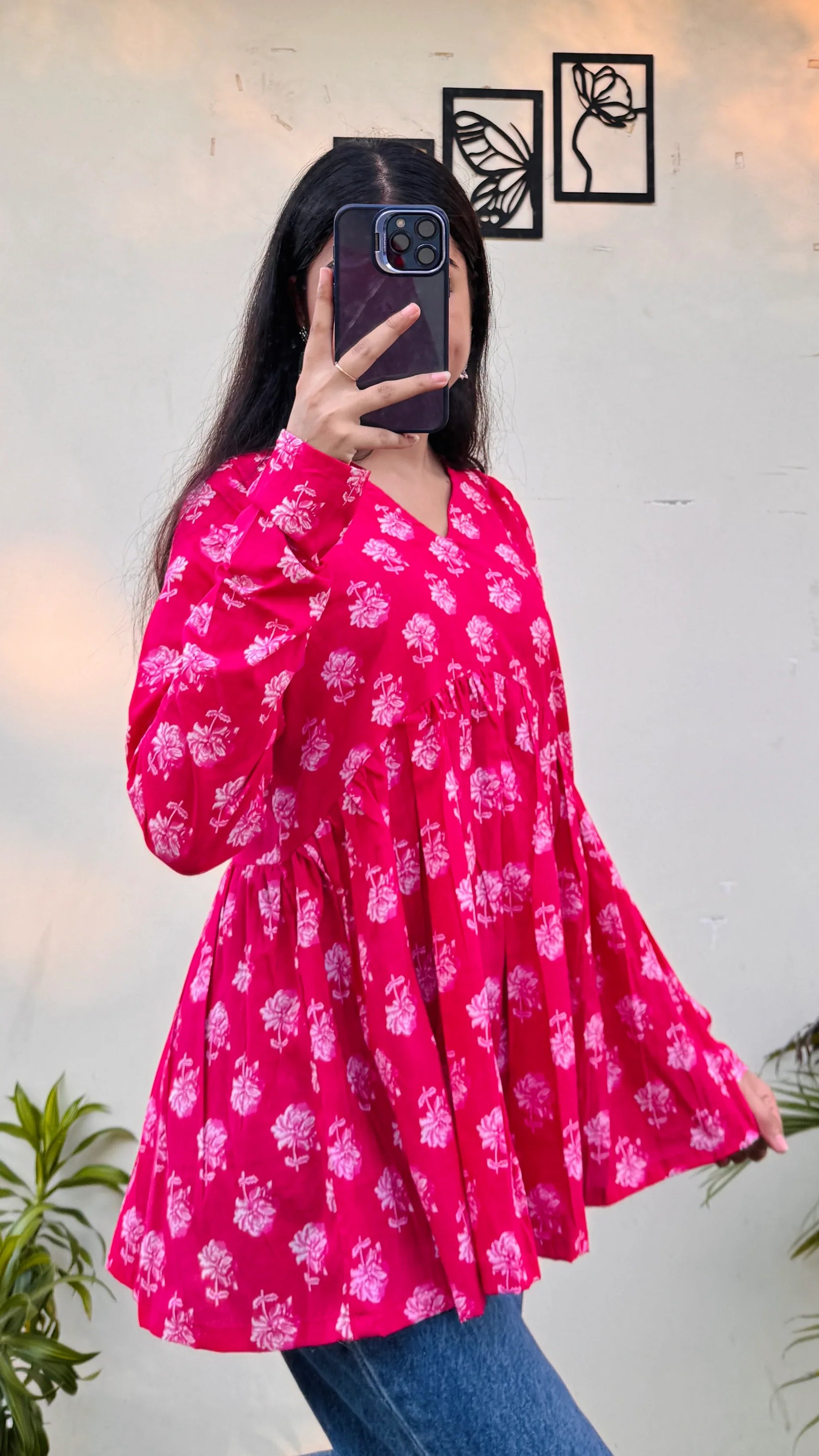 Cotton Dark Pink Flared Printed Aliacut Peplum Top - Dolled Up