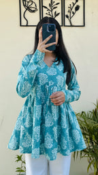 Katha Cotton Blue Flared Floral Print Aliacut Peplum Top - Dolled Up
