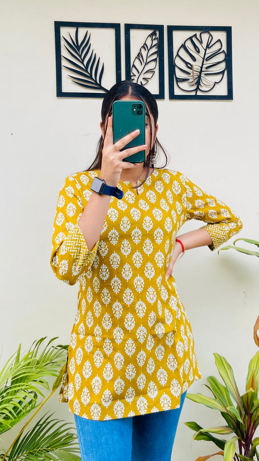 Yellow Printed Short Kurti