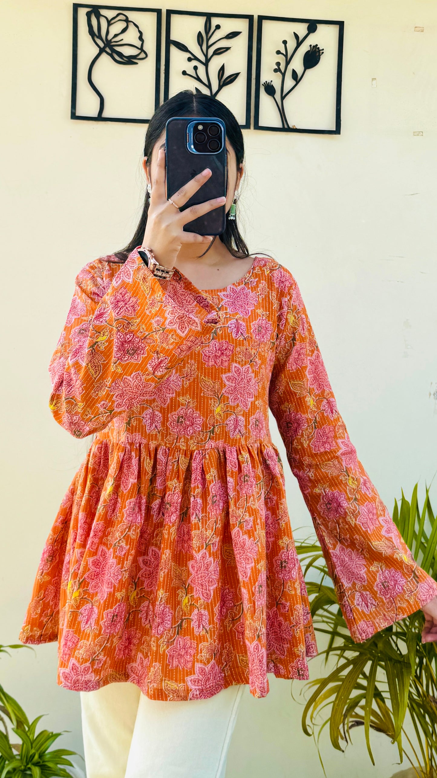 Cotton Flared Katha Bell Sleeve Peplum Top