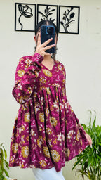 Cotton Katha Flared Wine Aliacut Floral Print Peplum Top - Dolled Up