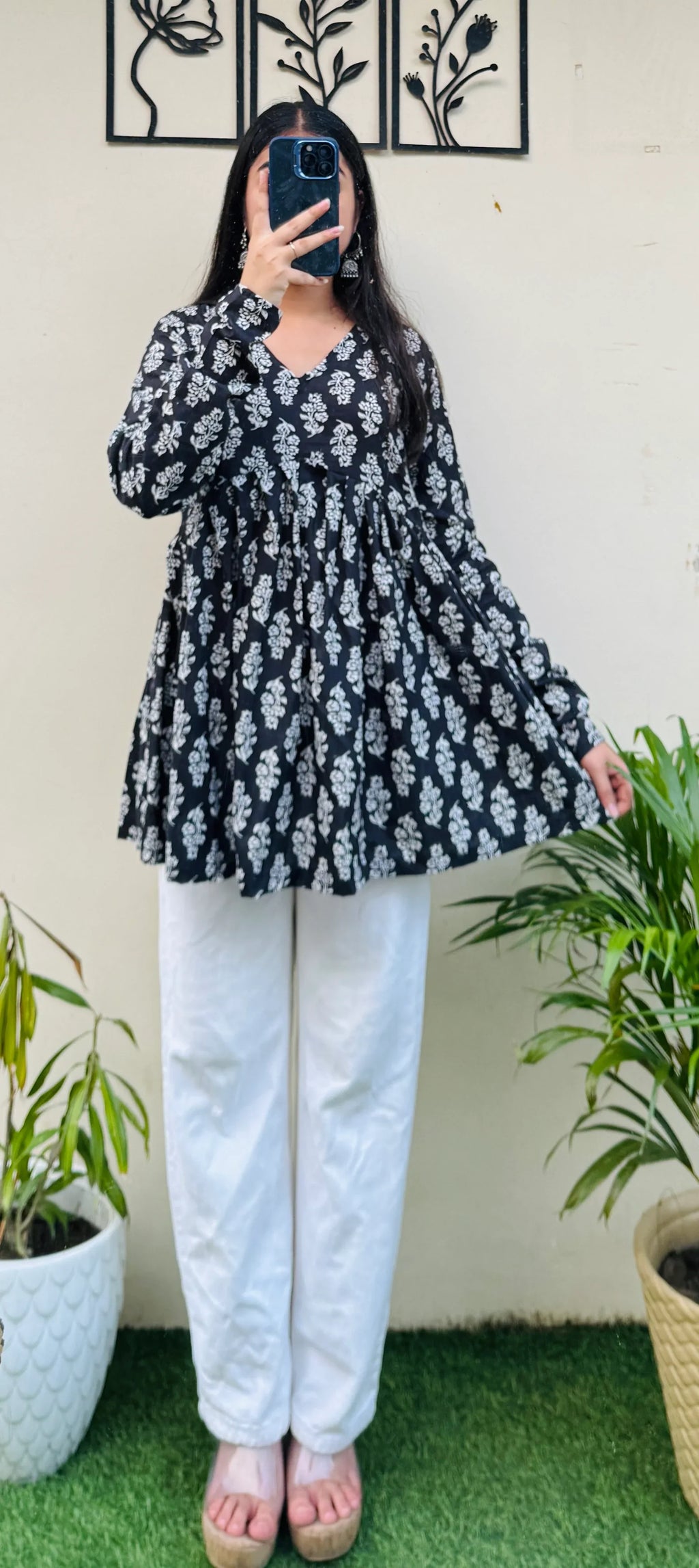 Cotton Flared Black Floral Print Aliacut Peplum Top - Dolled Up