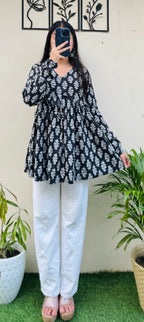 Cotton Flared Black Floral Print Aliacut Peplum Top - Dolled Up