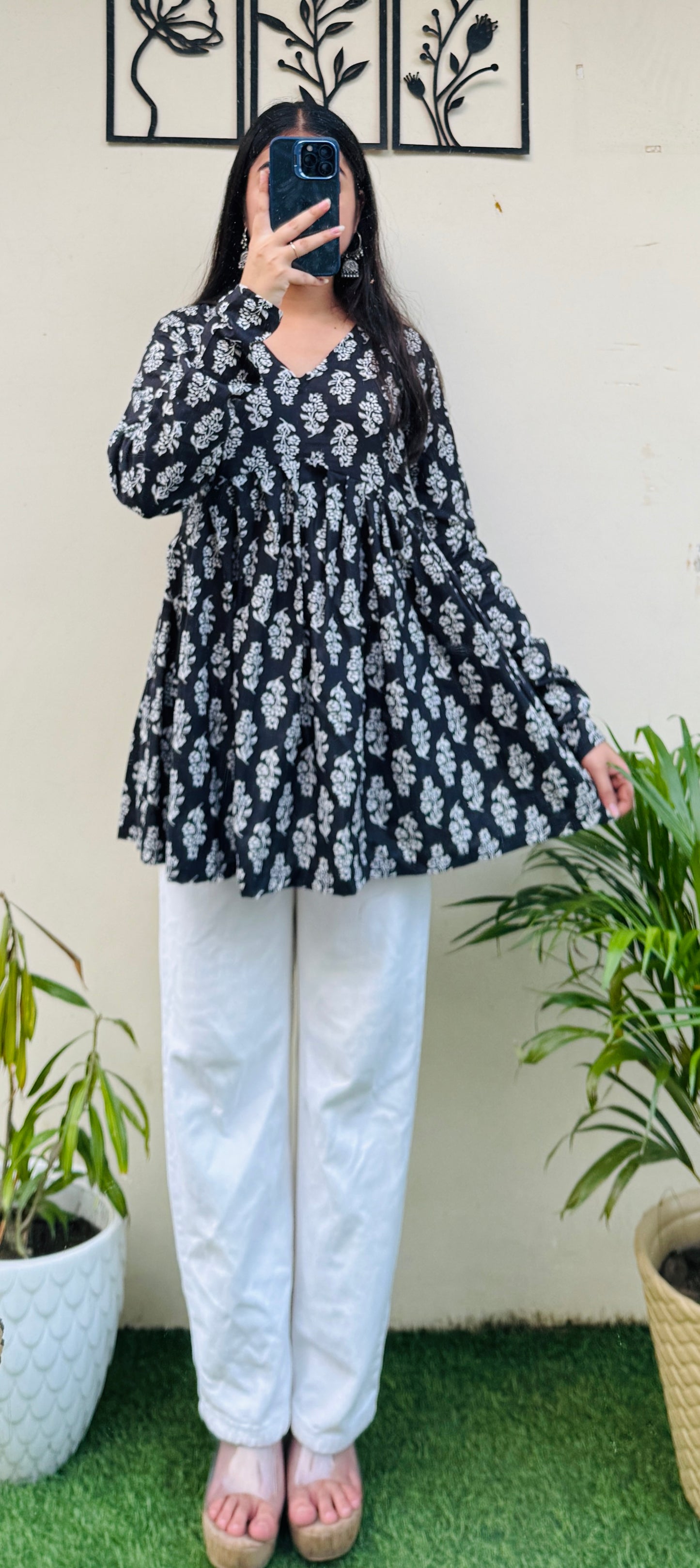 Cotton Flared Black Floral Print Aliacut Peplum Top