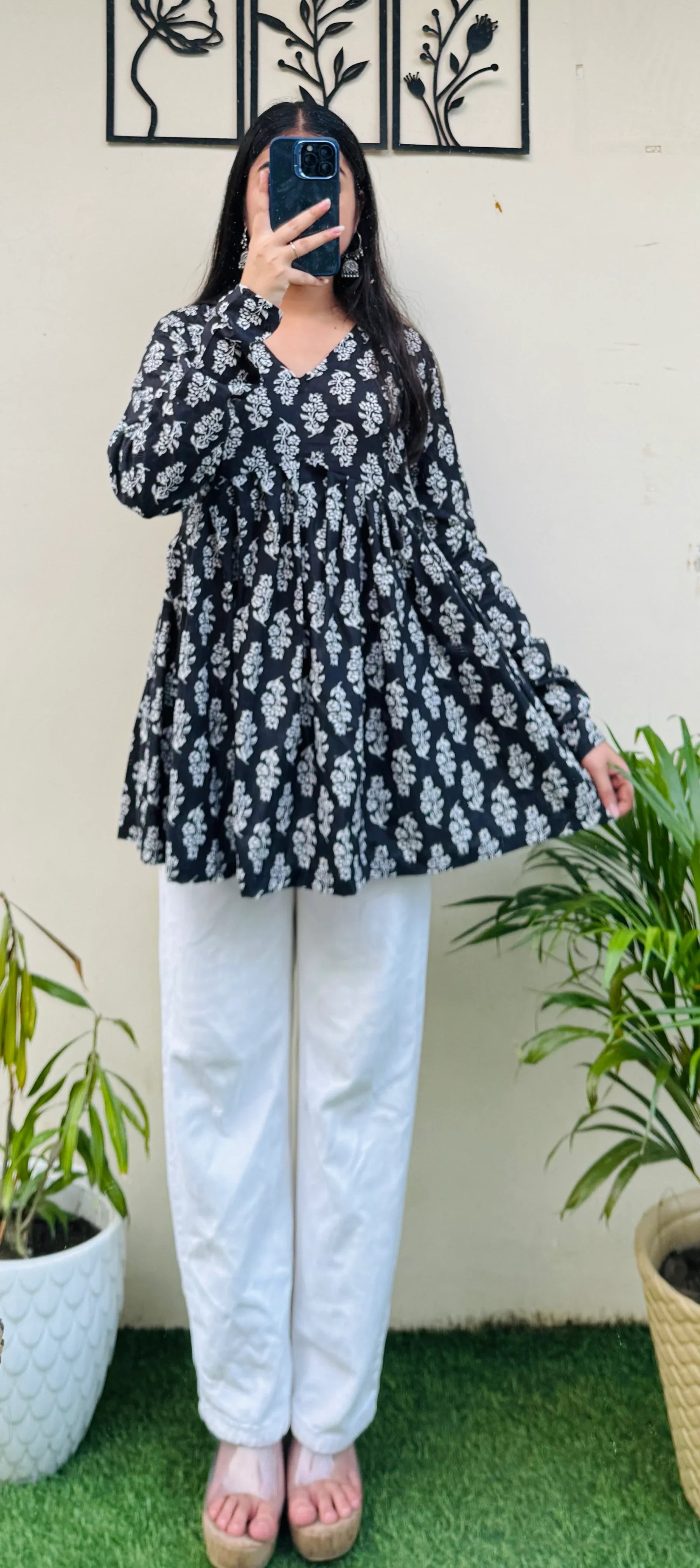 Cotton Flared Black Floral Print Aliacut Peplum Top - Dolled Up