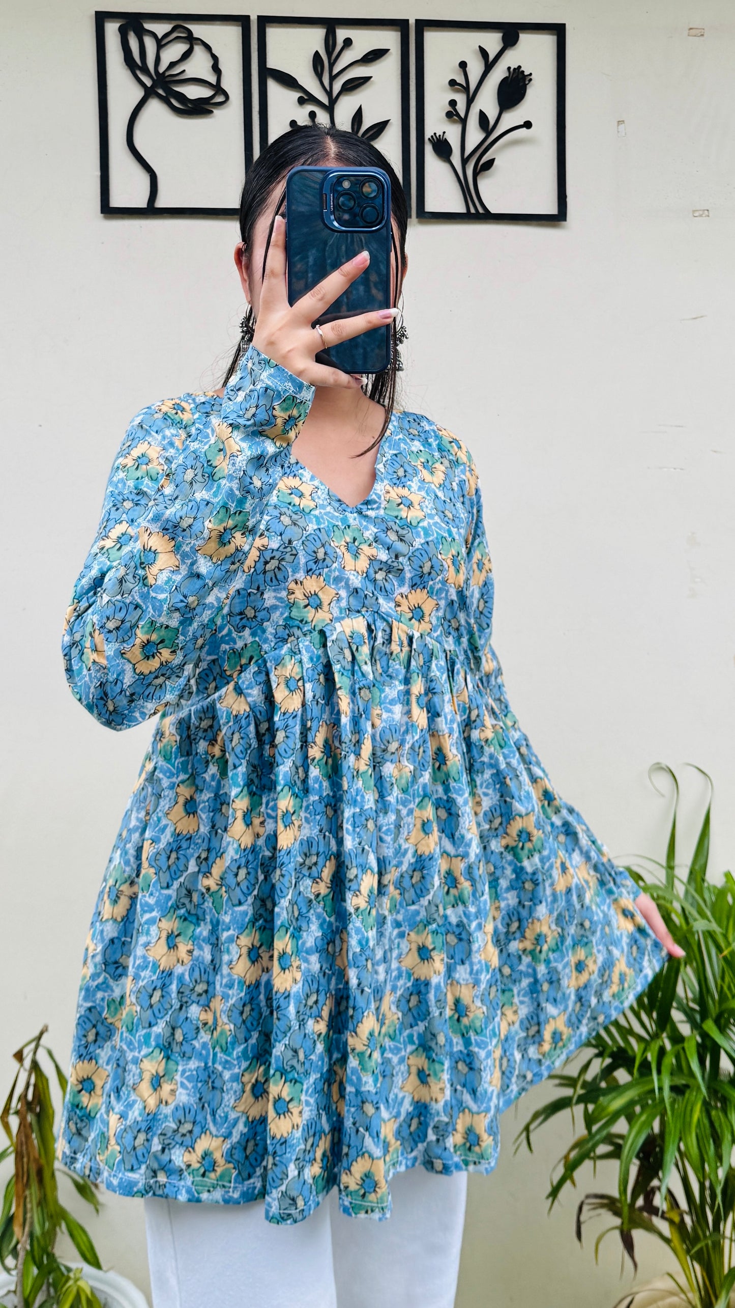 Cotton Skyblue Flared Floral Print Aliacut Peplum Top