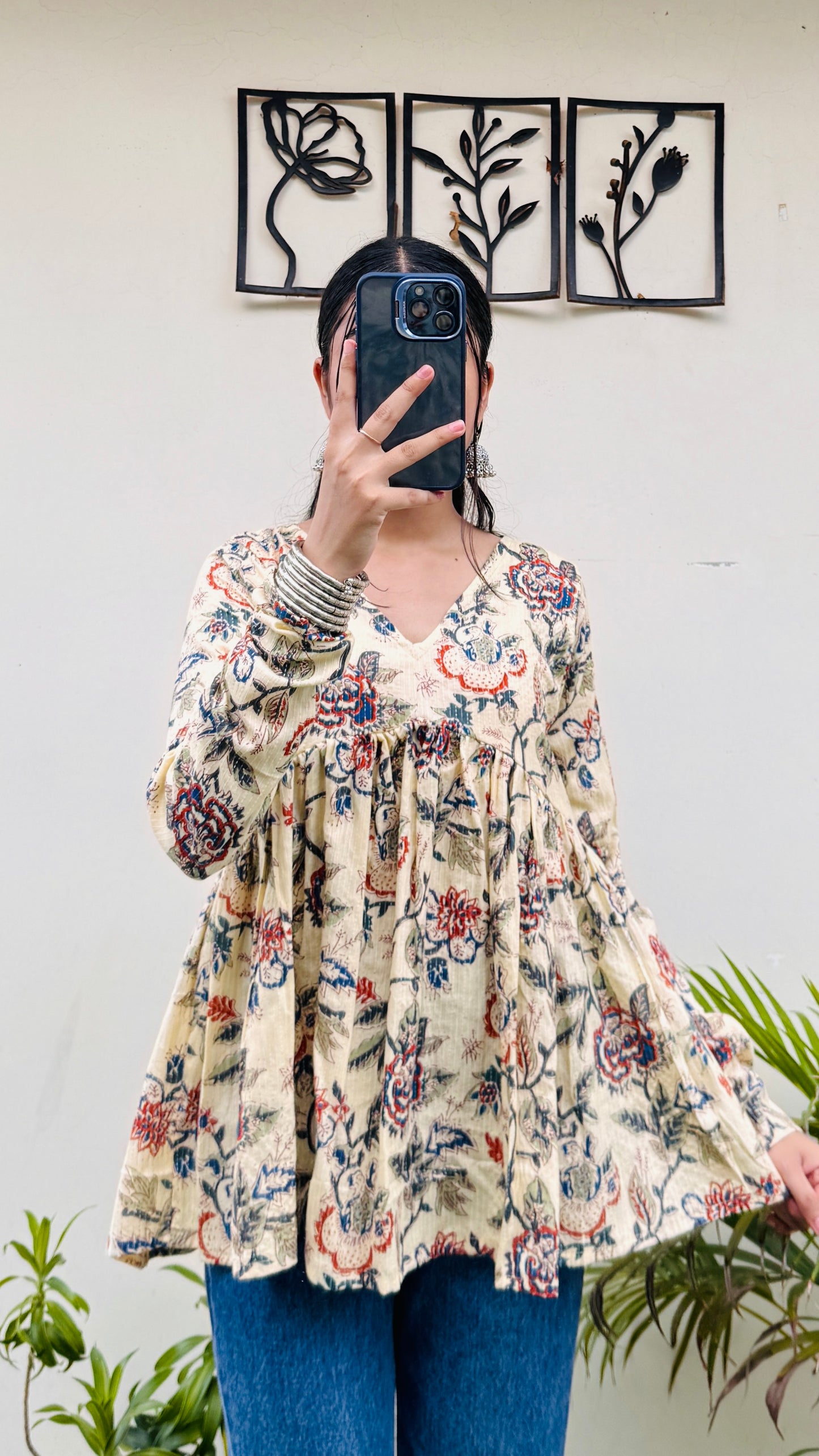 Cotton katha Cream Flared Printed Aliacut Peplum Top