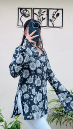 Cotton Katha Black Sweetheart Neck Bellsleeve Short Kurti - Dolled Up