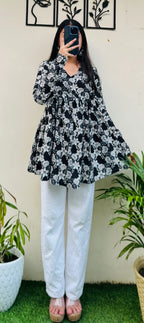 Cotton Flared Black Aliacut Printed Peplum Top - Dolled Up