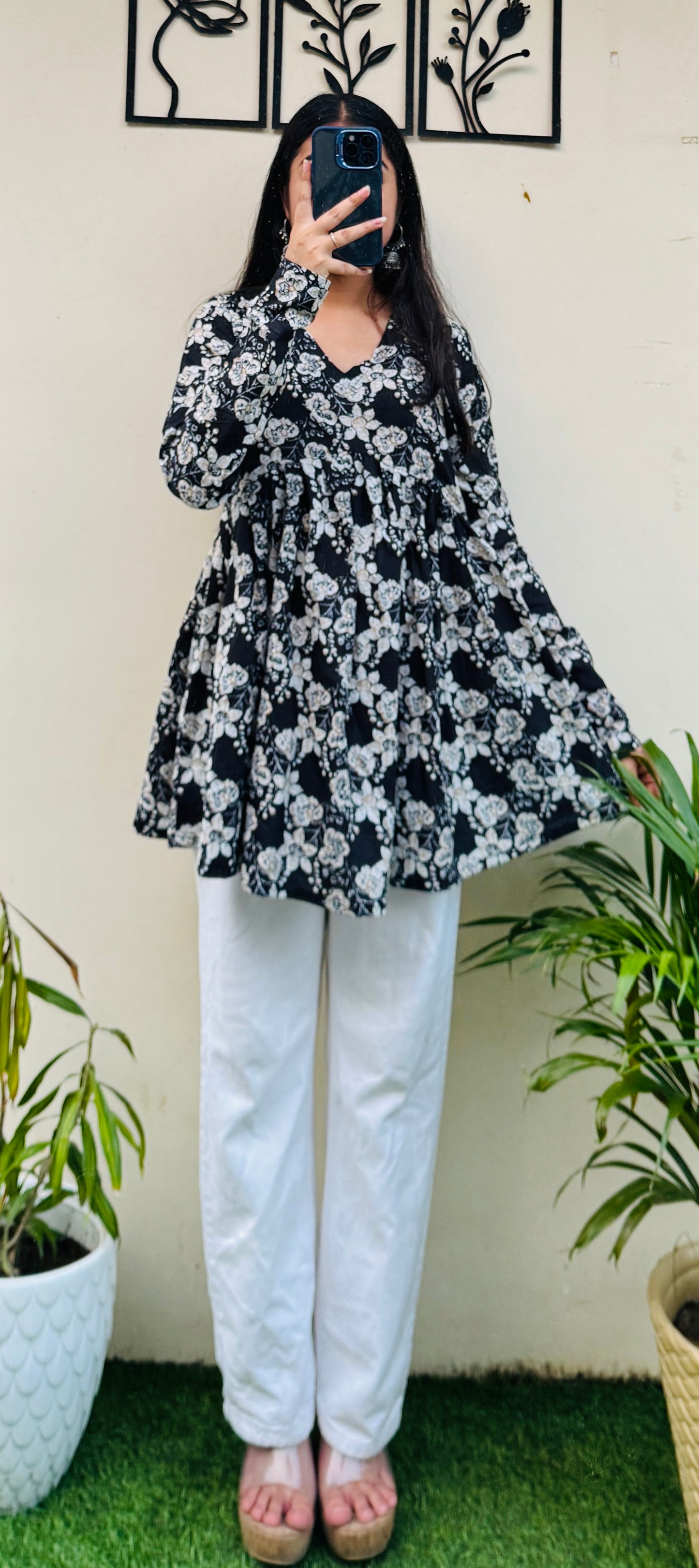 Cotton Flared Black Aliacut Printed Peplum Top
