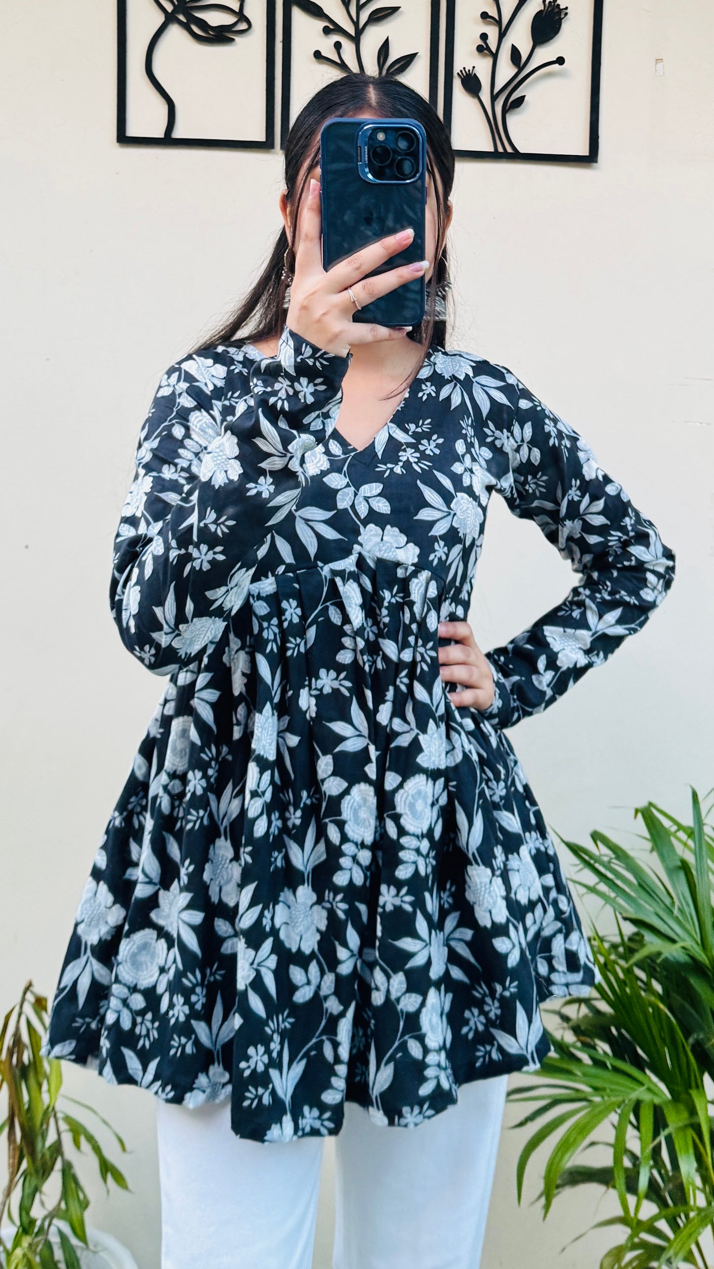 Cotton Flared Black Aliacut Floral Print Peplum Top