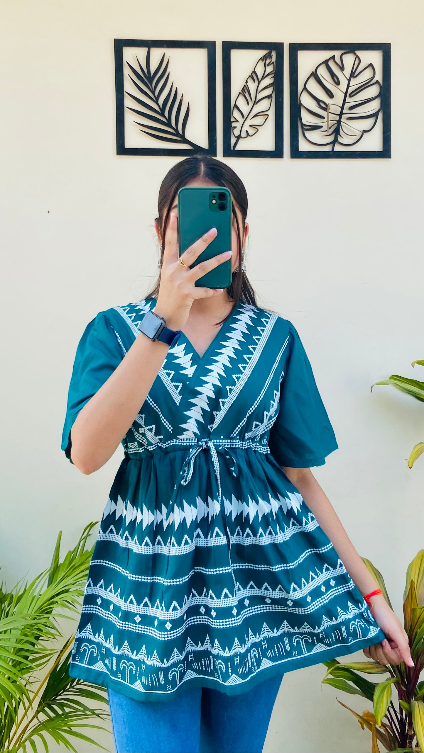Green Printed Rayon Short Sleeve Top