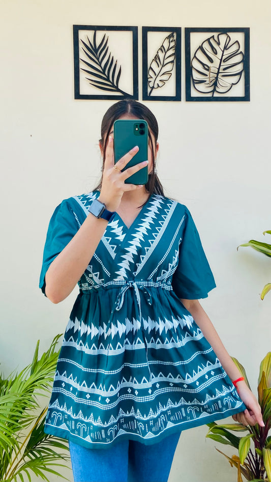 Green Printed Rayon Short Sleeve Top