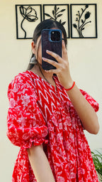 Cotton Flared Puff Sleeves Red Aliacut Floral Print Peplum Top - Dolled Up