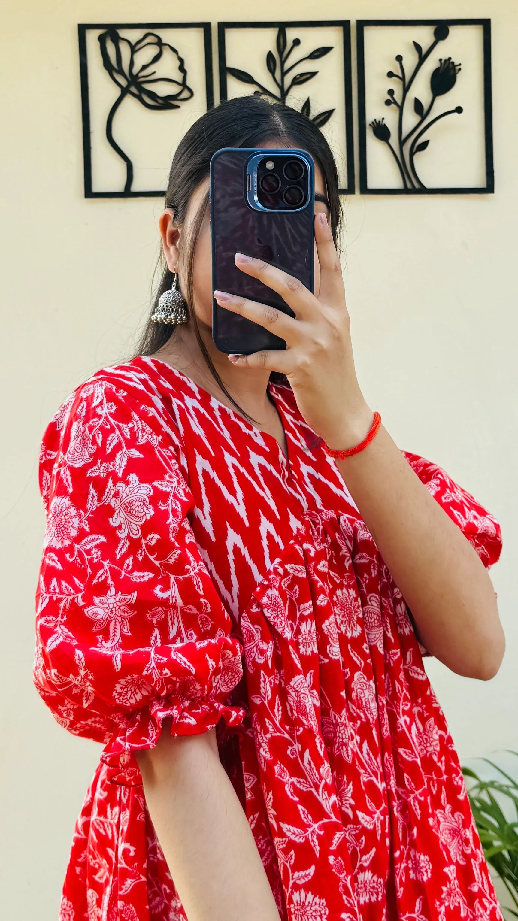 Cotton Flared Puff Sleeves Red Aliacut Floral Print Peplum Top - Dolled Up