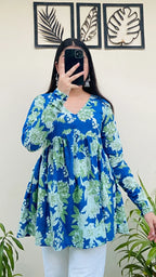 Cotton Flared Blue Printed Aliacut Peplum Top - Dolled Up