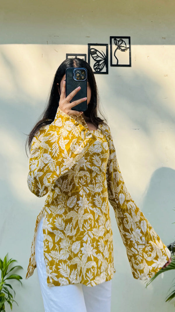 Cotton Katha Square Neck Corset Back Short Kurti - Dolled Up