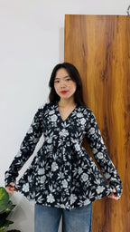 Cotton Flared Black Aliacut Floral Print Peplum Top - Dolled Up