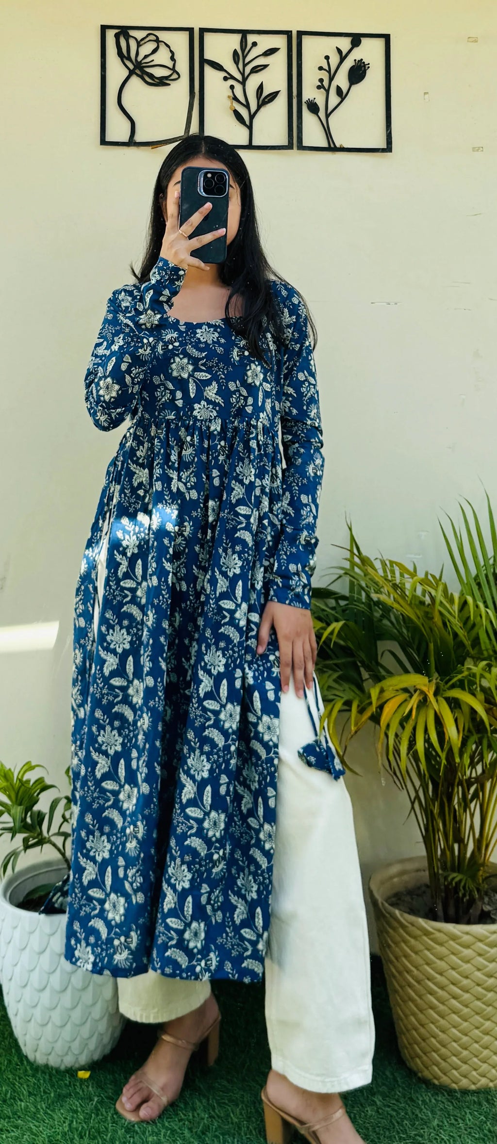 Cotton Full Sleeve Blue Nyra Cut Long Kurti - Dolled Up