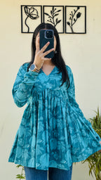 Cotton Flared Blue Aliacut Floral Print Peplum Top - Dolled Up