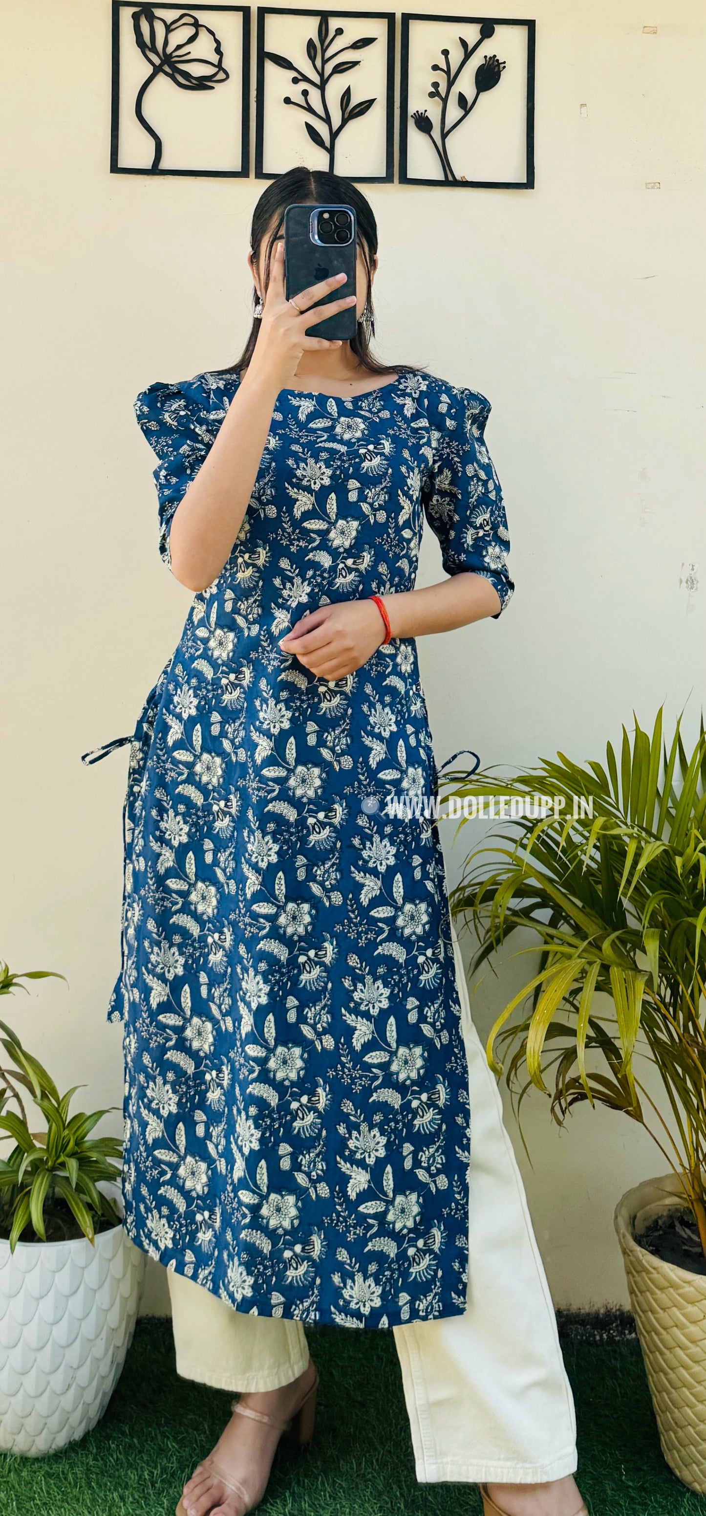 Cotton Printed Blue Puff Sleeve Straight Kurta