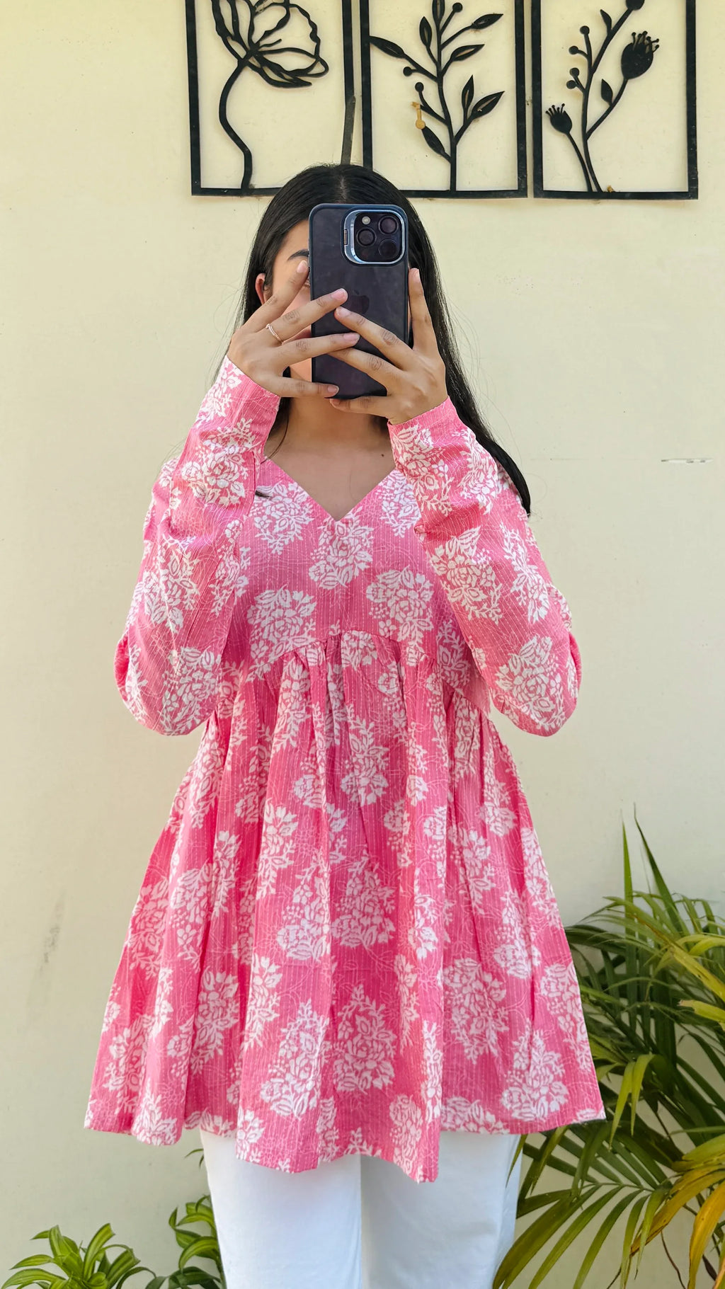 Cotton Katha Peach Printed Aliacut Peplum Top - Dolled Up