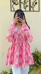 Cotton Katha Peach Printed Aliacut Peplum Top - Dolled Up