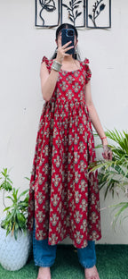 Cotton Ruffle Sleeveless Nyra Cut Long Kurti - Dolled Up