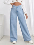 High Waisted Ice Blue Wide Leg Denim Jeans - Dolled Up