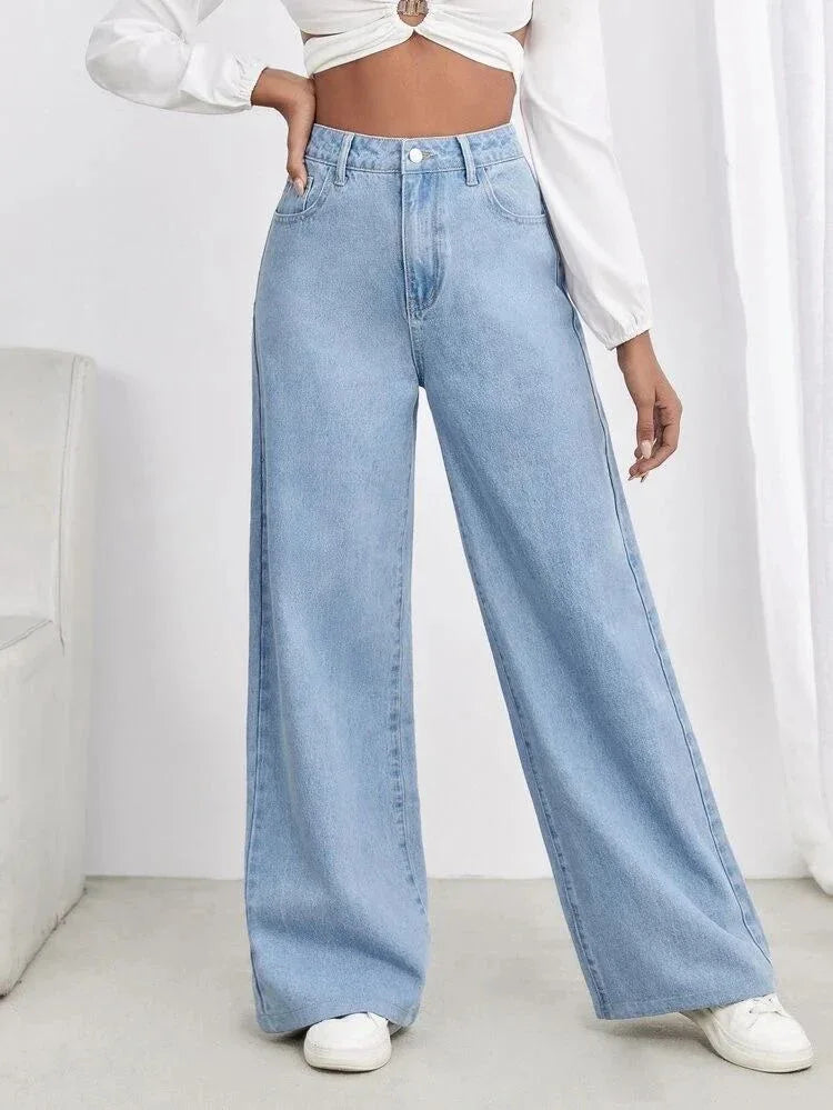 High Waisted Ice Blue Wide Leg Denim Jeans - Dolled Up