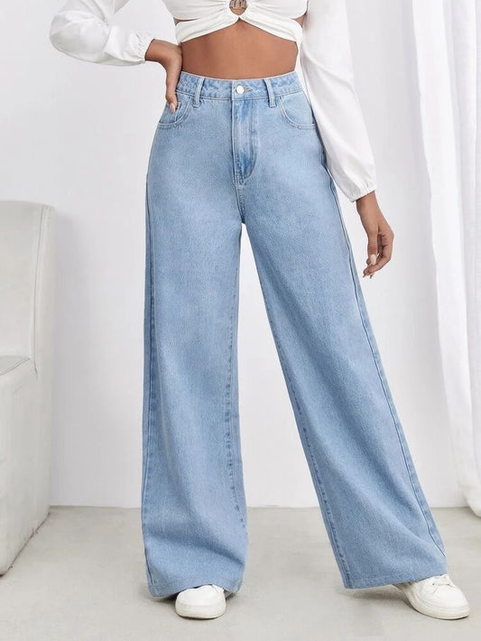 High Waisted Ice Blue Wide Leg Denim Jeans