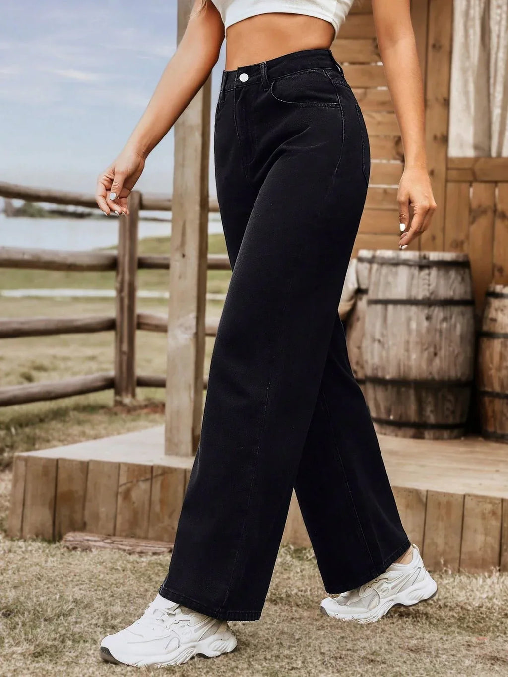 High Waisted Black Wide Leg Denim Jeans - Dolled Up