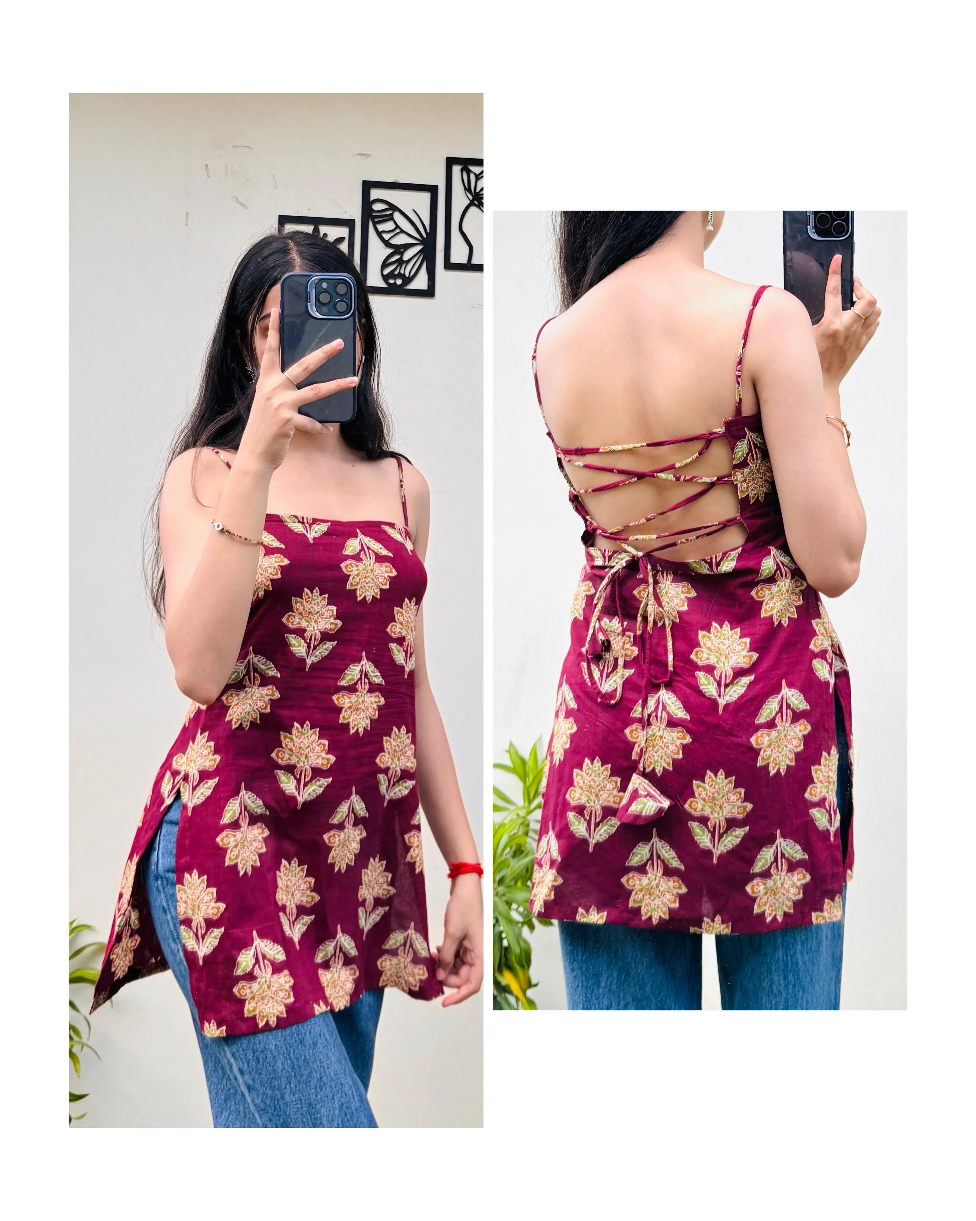 Cotton Maroon Padded Corset Back Short Kurti - Dolled Up