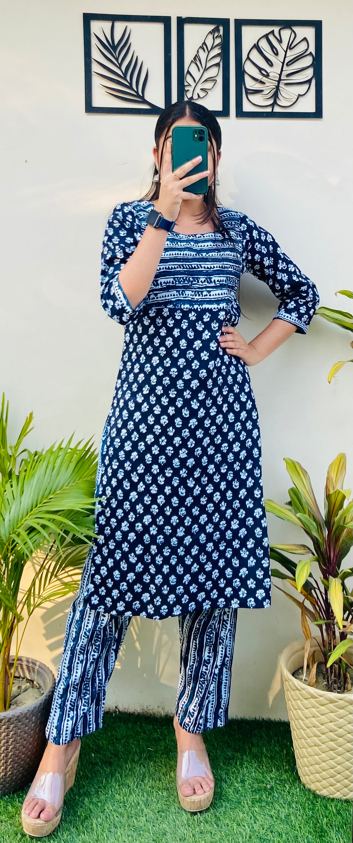 Blue Rayon Printed Kurti Pant Set