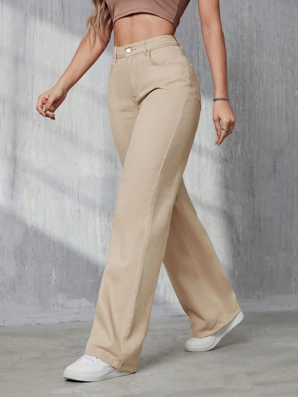 High Waisted Beige Wide Leg Denim Jeans - Dolled Up