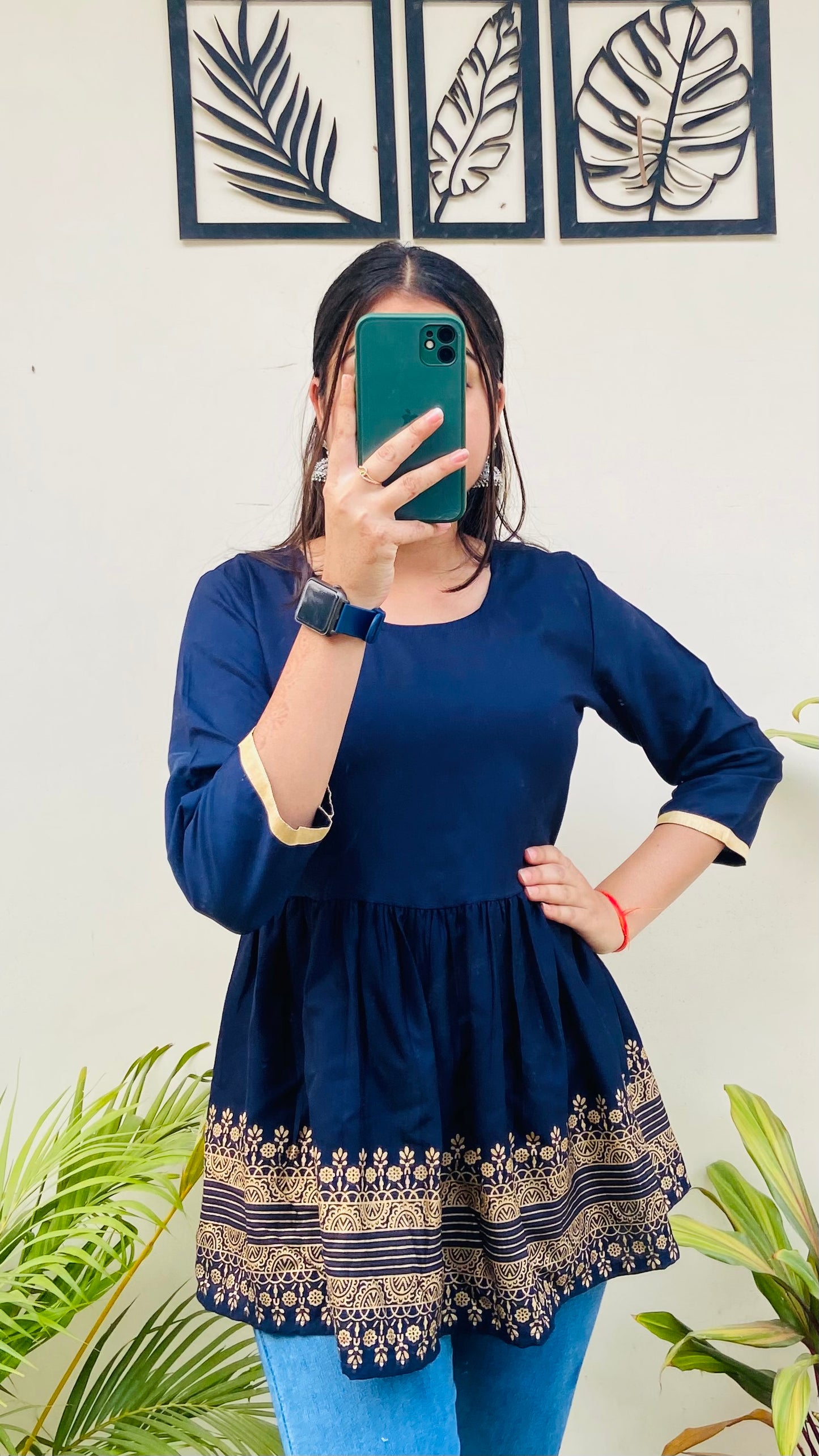 Navy Blue Printed Flared Top