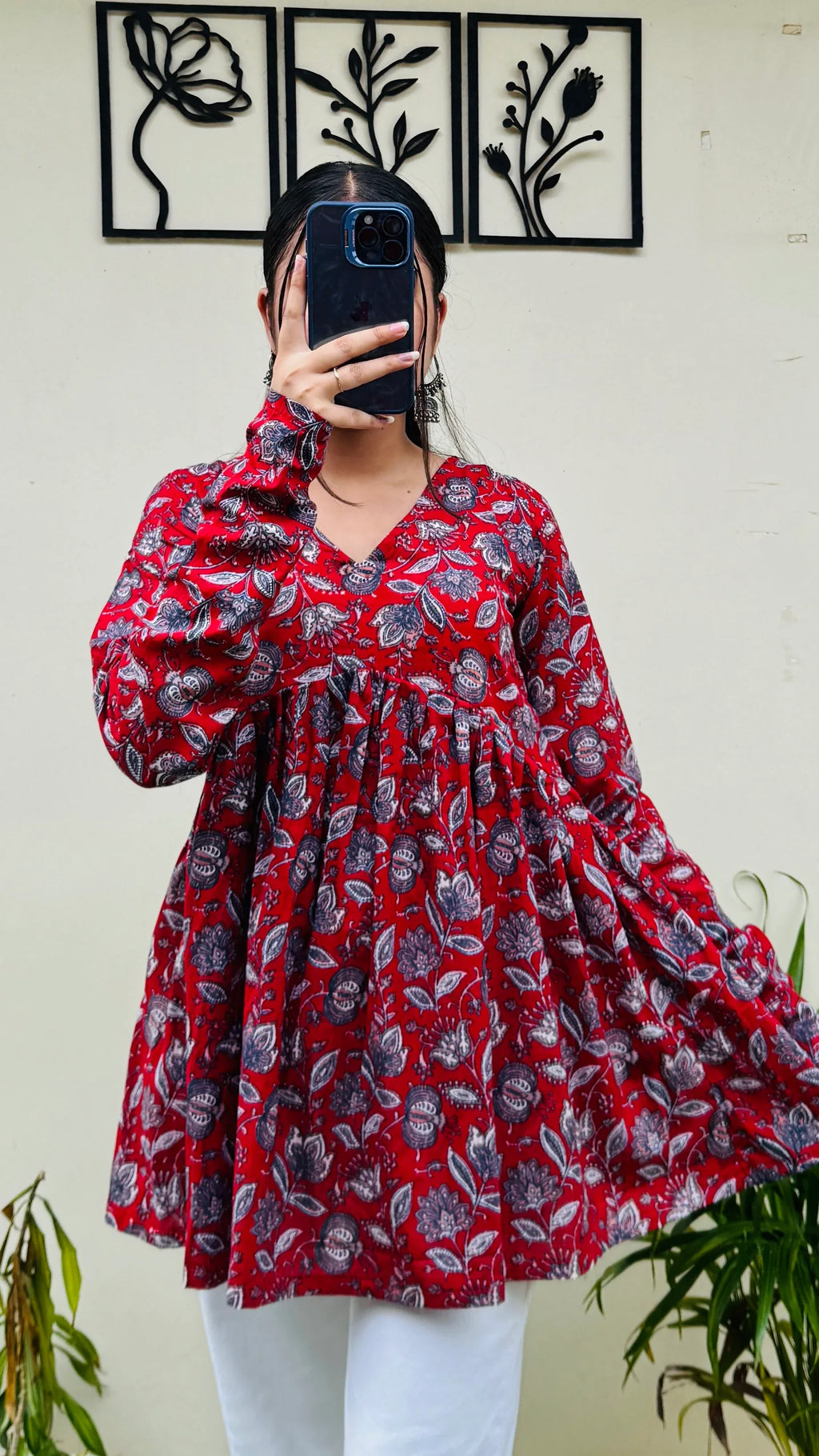 Cotton Flared Red Aliacut Floral Print Peplum Top - Dolled Up