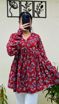 Cotton Flared Red Aliacut Floral Print Peplum Top - Dolled Up